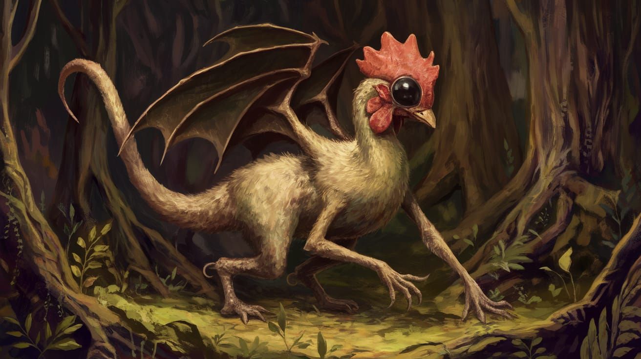 Monstrous Cockatrice Emerges from Dark Forest Shadows