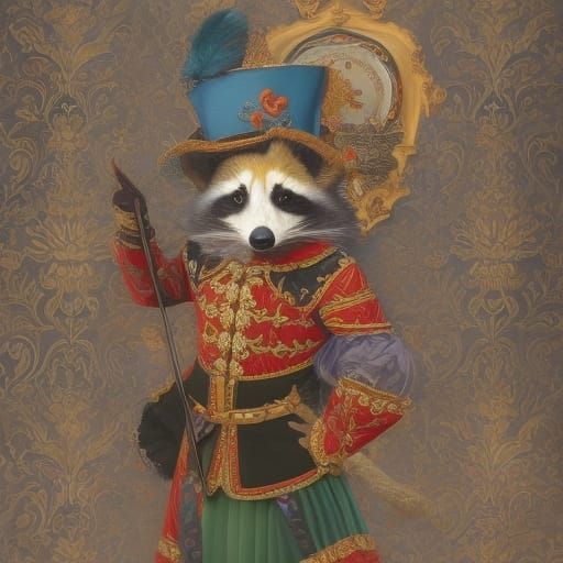 Raccoon Court Jester in Baroque Oil Painting