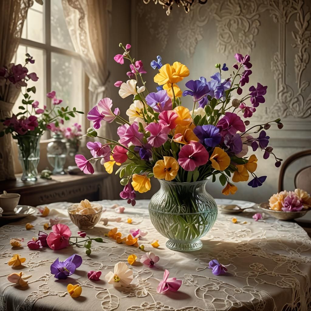 Sweetpeas in Glass Vase: Hyper-Realistic Digital Painting