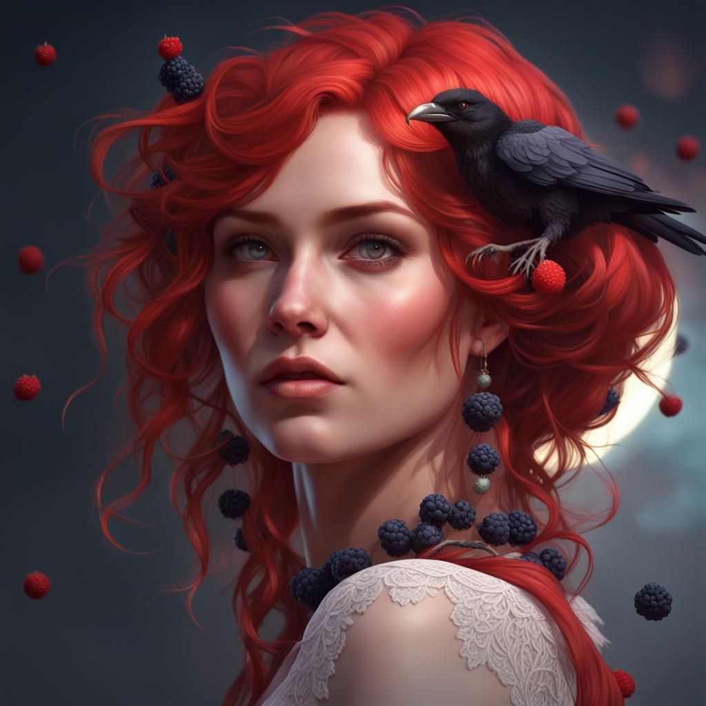 Red-Haired Woman with Berries and Raven Moon