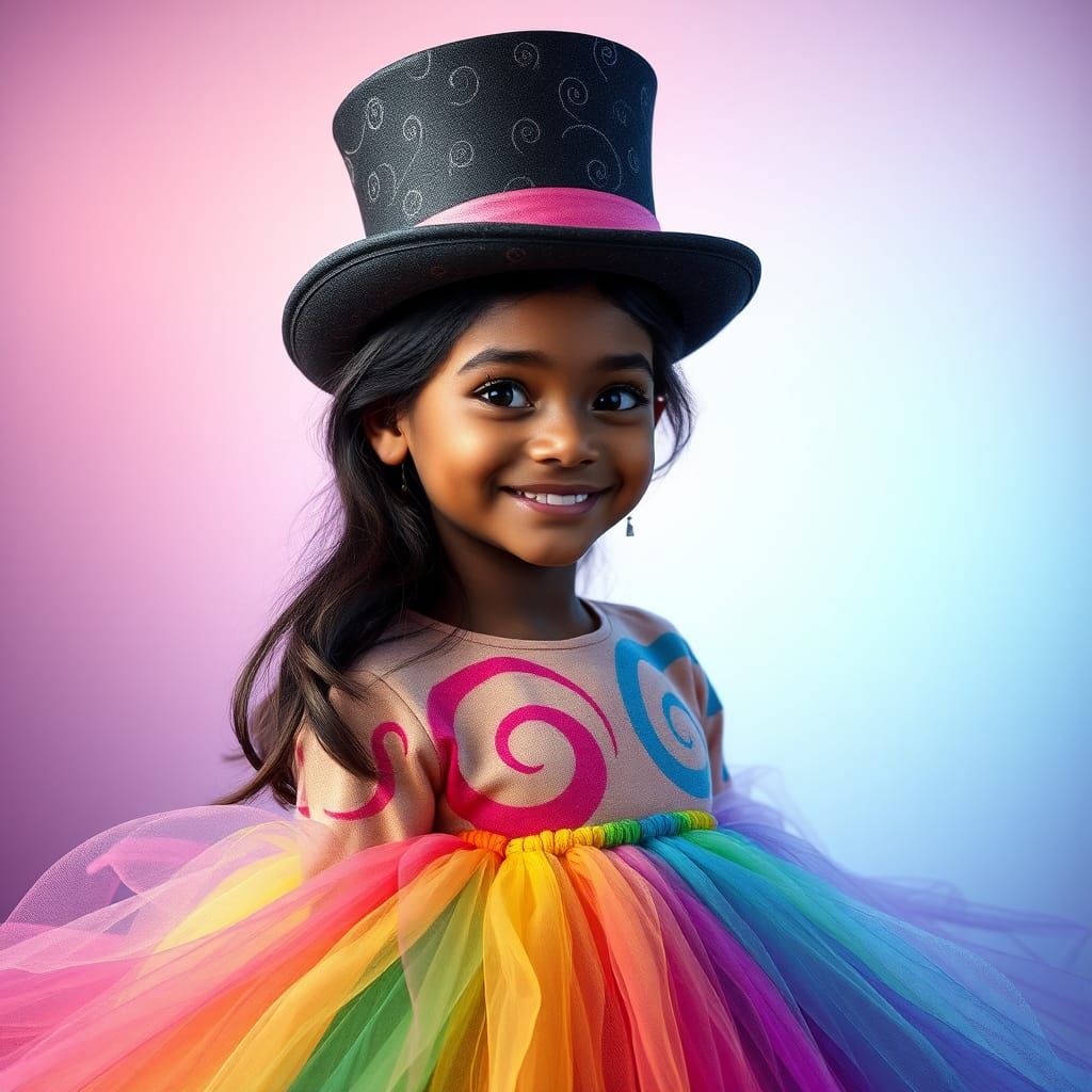 Girl with Vitiligo in Rainbow Outfit, High-Fantasy Portrait