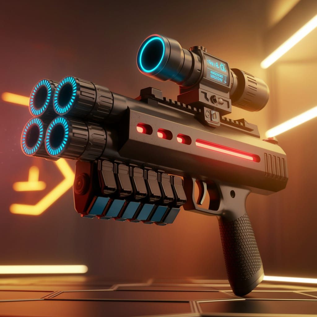 A sleek laser rifle with a black color and a red glow at the...