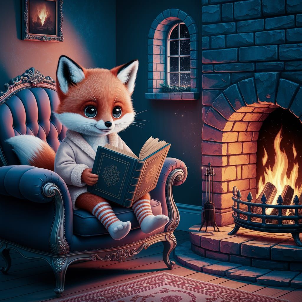Regal Fox Cub Reading by Firelight