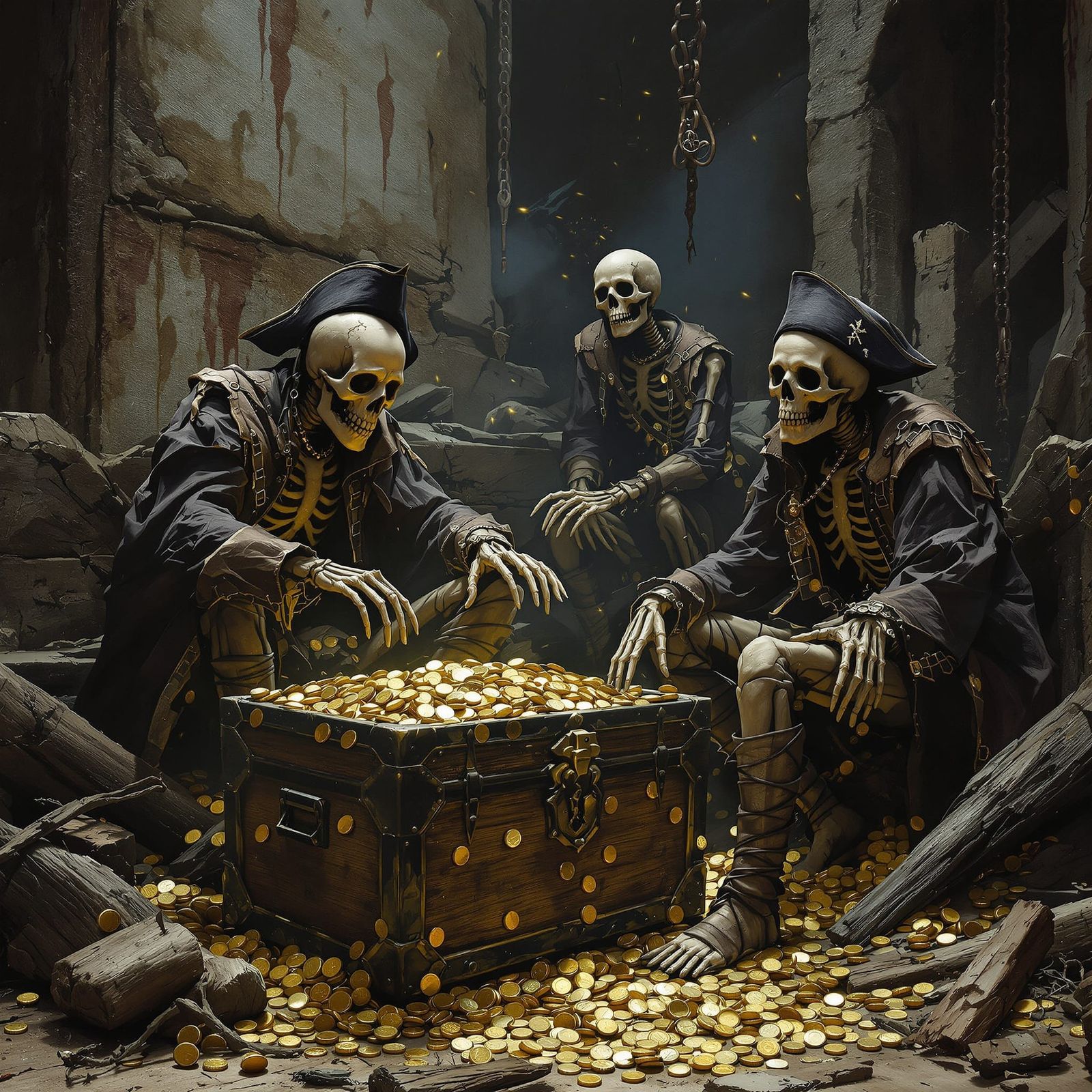 Skeletal Pirates Guard Treasure in Atmospheric Ruins