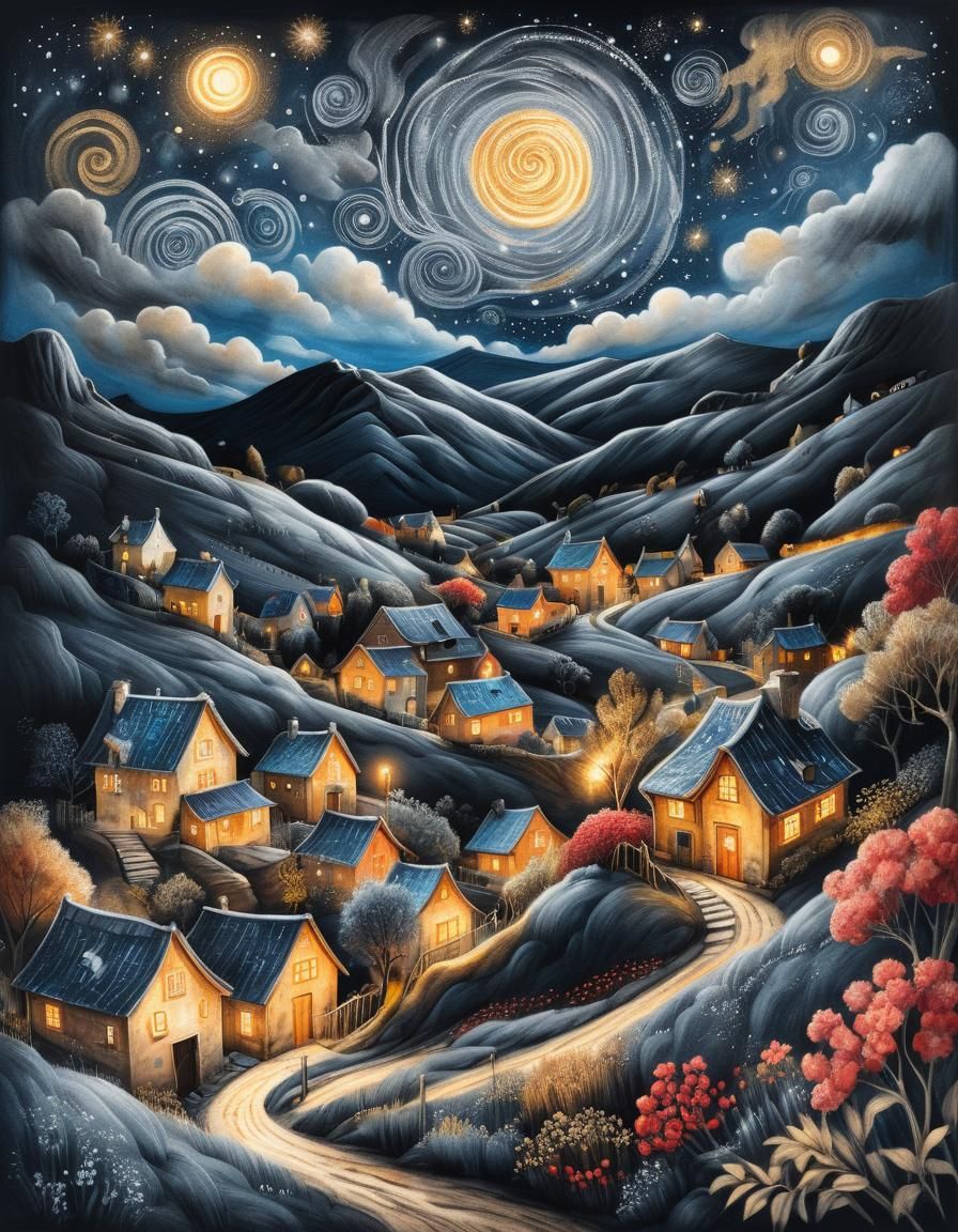 Whimsical Village Under Starry Sky: Charcoal Drawing