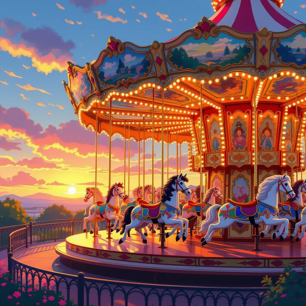 Whimsical Carousel at Sunset, Ghibli Inspired
