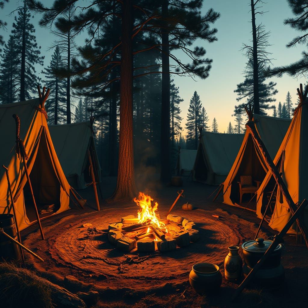 Cozy Campsite at Dusk, in a Whimsical Landscape Style