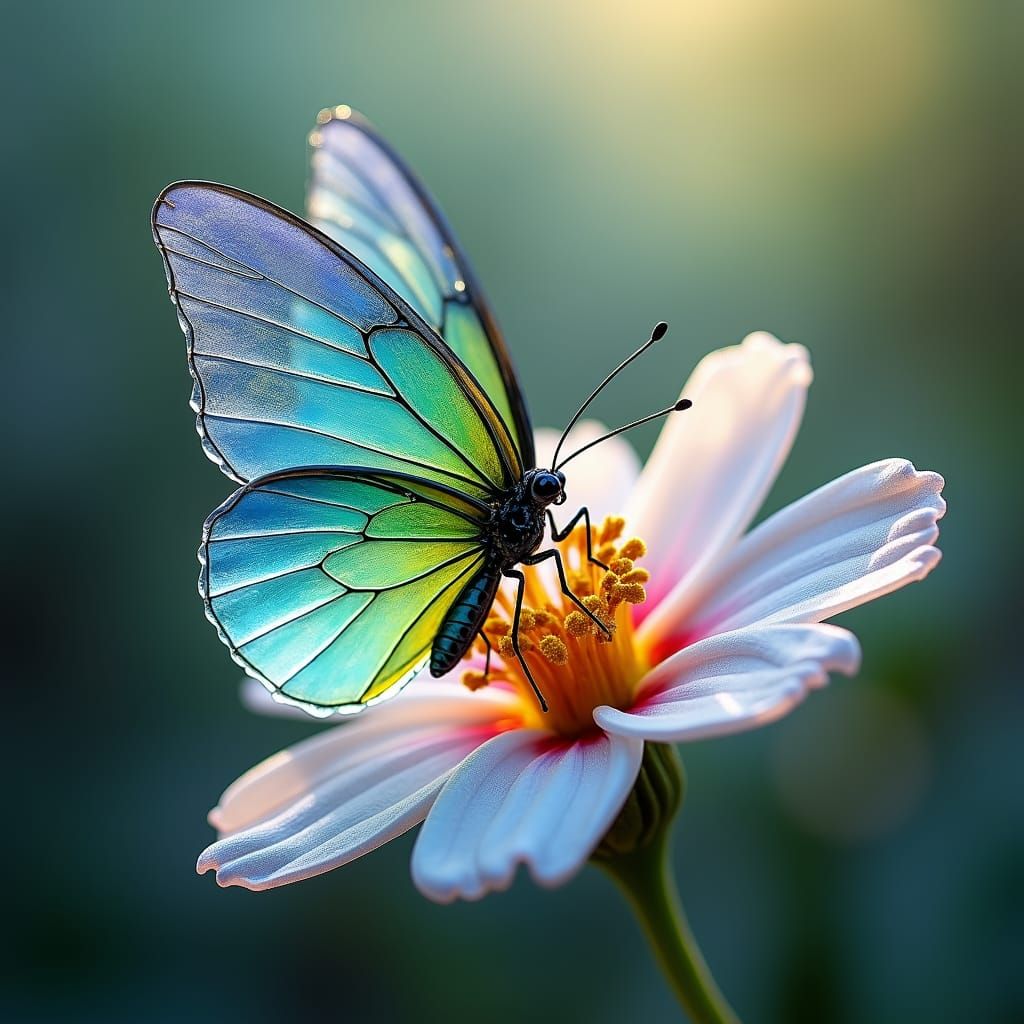 Ein exquisiter Schmetterling aus durchsichtigem Glas, der filigran auf einer exotischen Blume sitzt. Die Glasflügel des ...