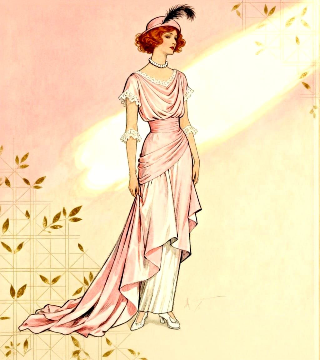 Elegant Woman in Early 20th Century Poiret Gown