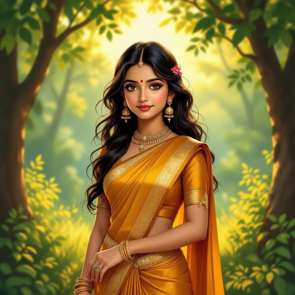 Indian Girl Resembling Sita in Golden Hour Forest