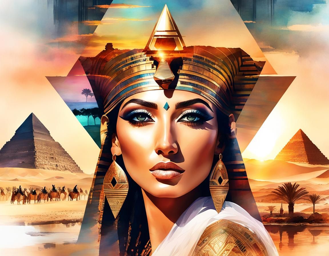 Egyptian Double Exposure in Watercolor Style