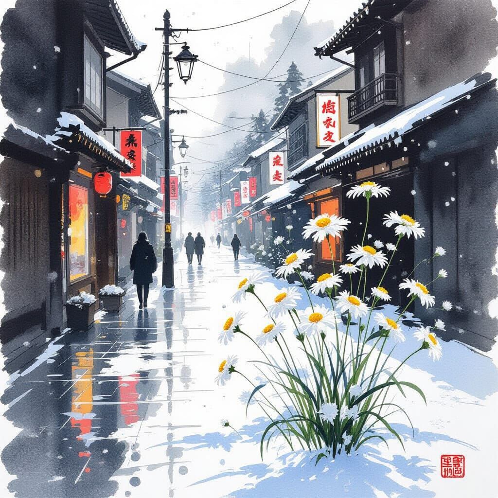 Queen Ann's Lace with Snow in Japanese Style