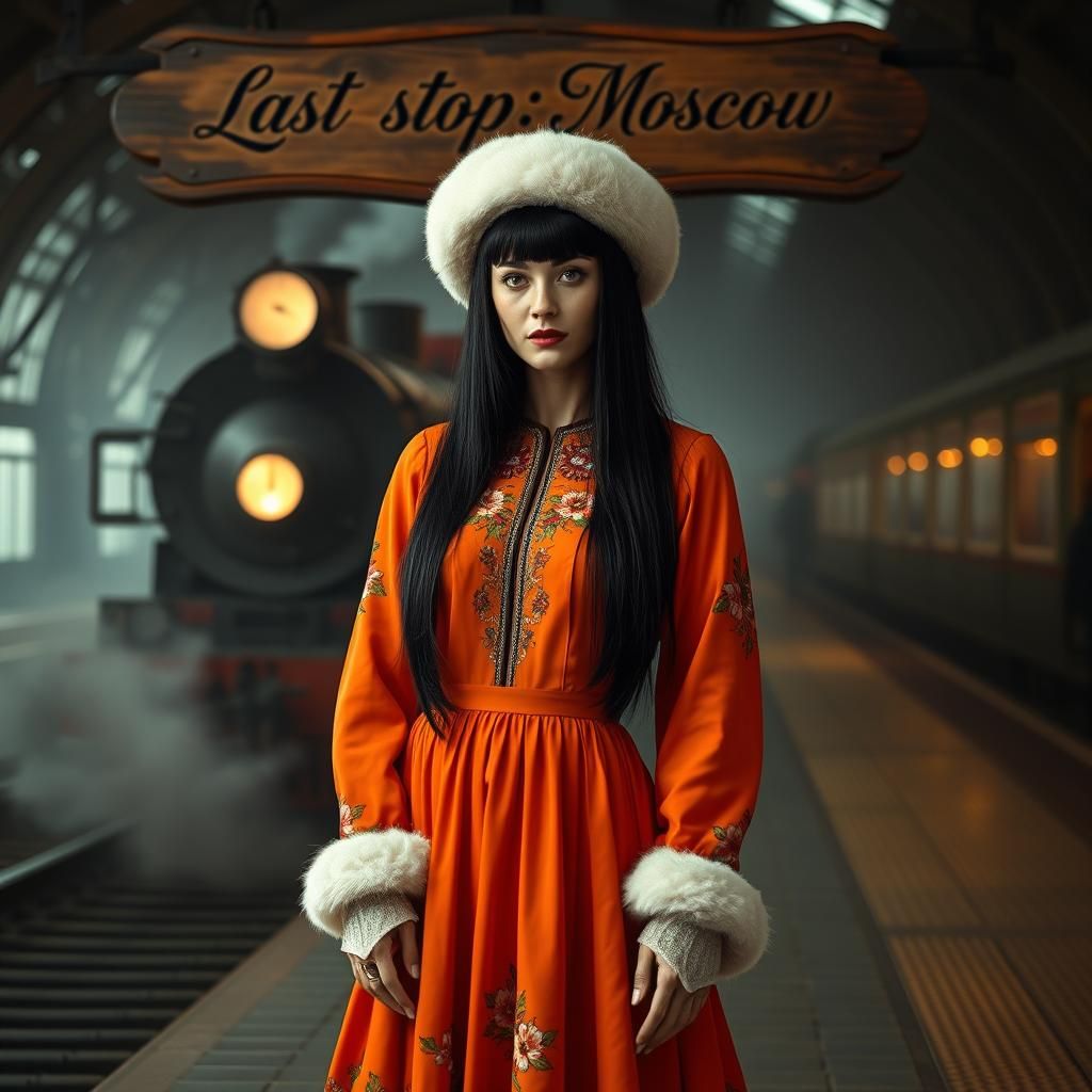 Woman in Ornate Dress on Misty Platform, Surreal Art