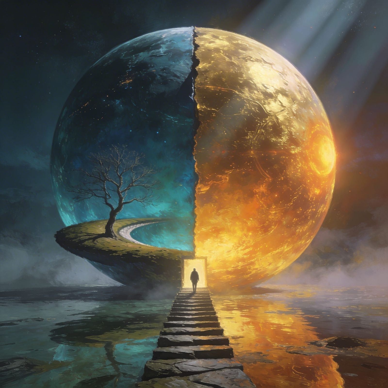 Surreal Dreamscape: Split Sphere Over Reflective Water