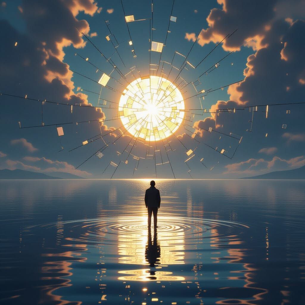 Figure Gazes at Fractured Sun Over Shimmering Lake