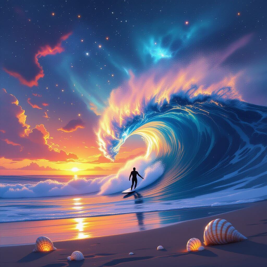 Surfer Rides Cosmic Wave Against Surreal Sunset