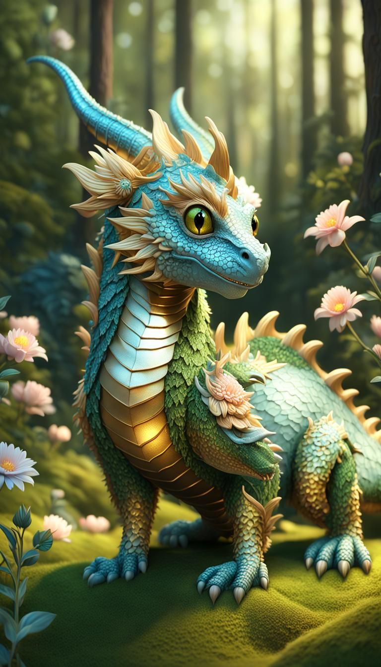 Highly realistic highly detailed 3D Analog Style, Close Up Cute And Adorable Forest Dragon, hieronymus bosch
 , Filigree...