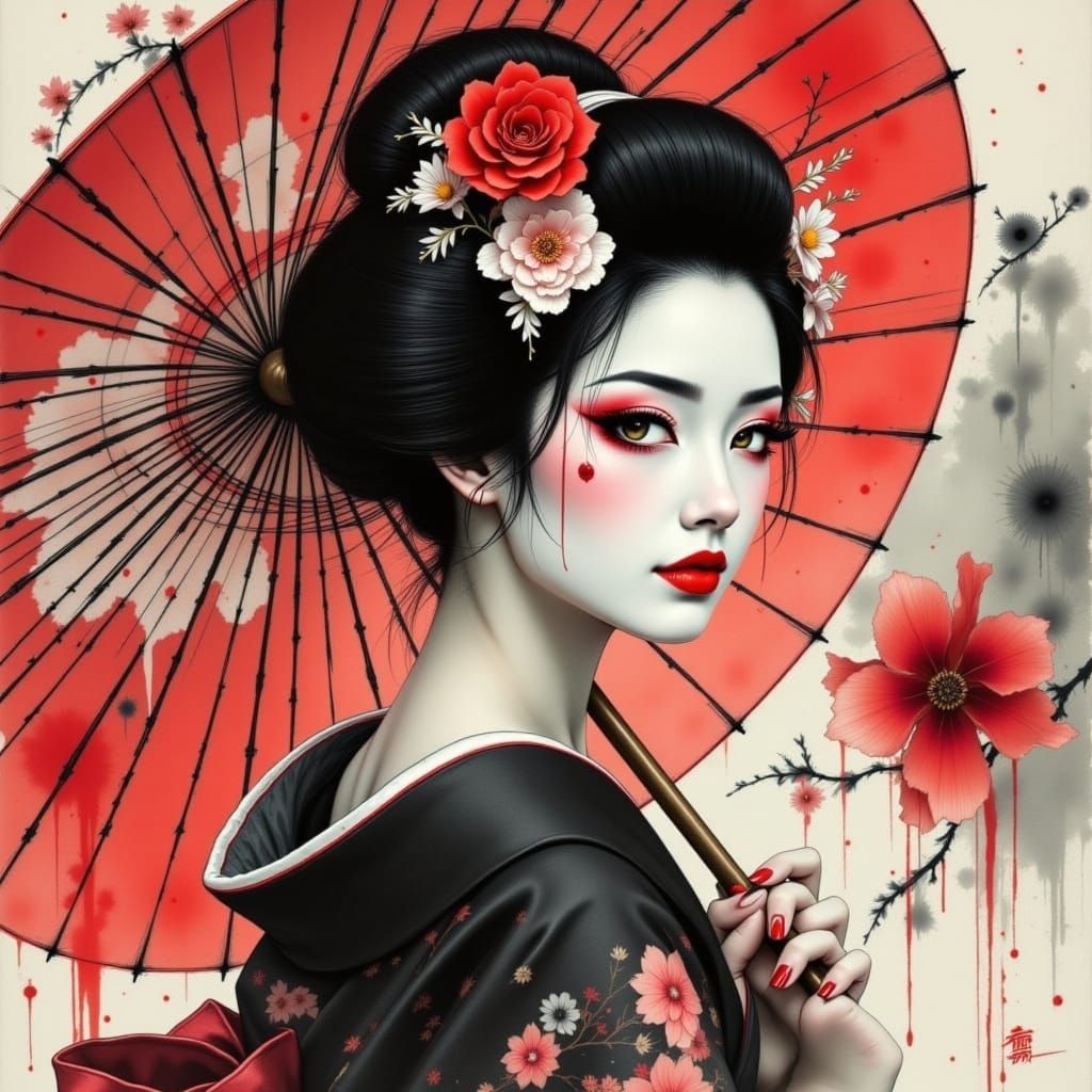 Geisha with Umbrella in Japanese Ink Wash Style