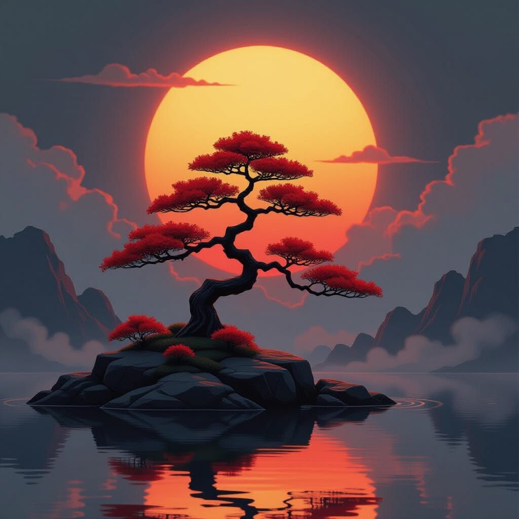 Ethereal Bonsai Silhouette in Fantasy Landscape