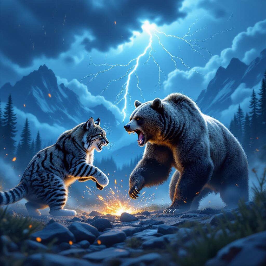 Bobcat vs Grizzly Bear in Montana Rockies Storm