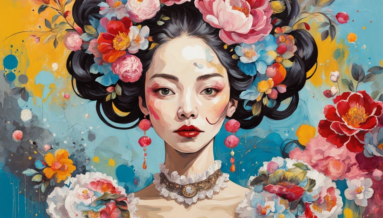 Rococo Portrait with Ink Splatters in Murakami Style