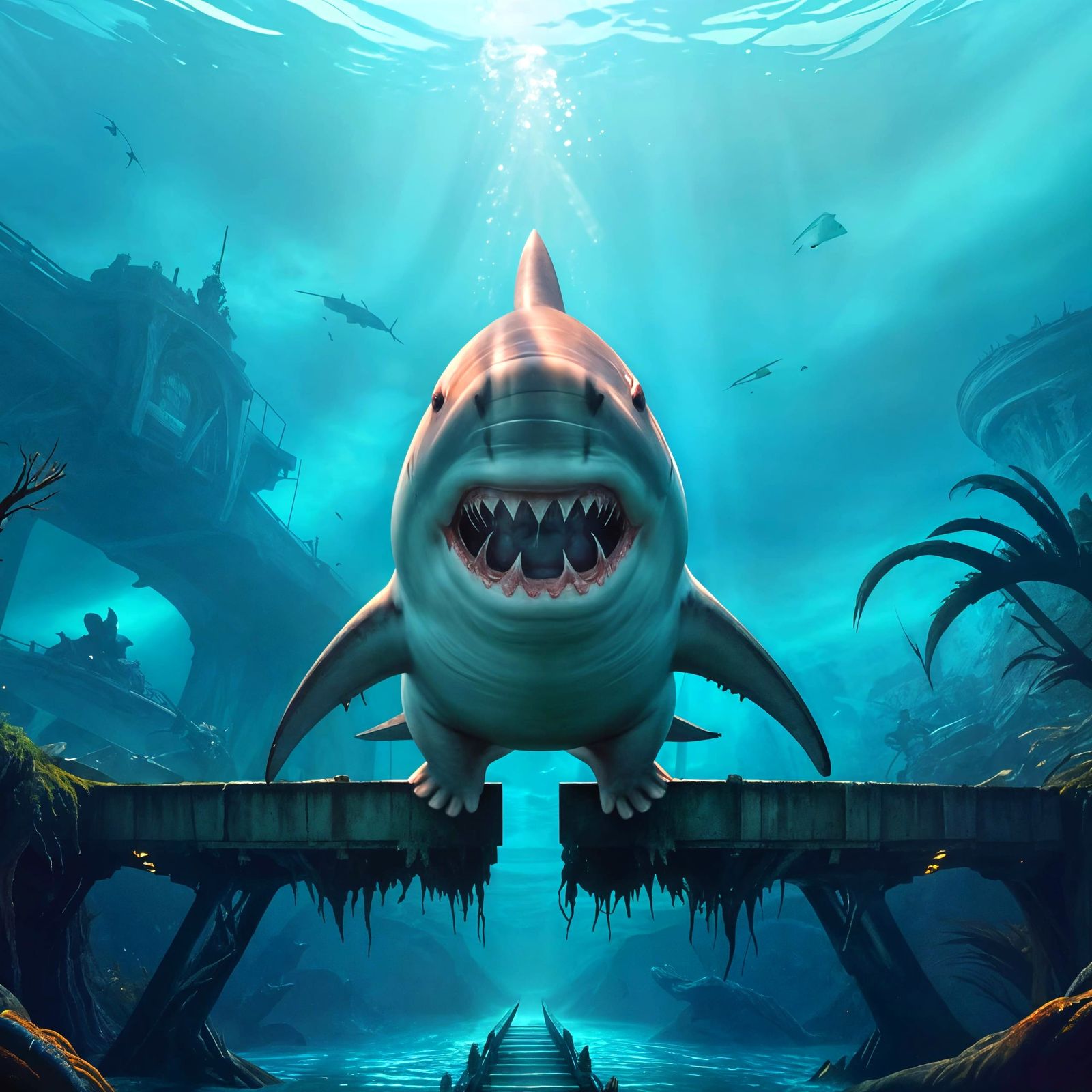 Evil Shark Swims Through Sunken Bridge in Cinematic Wide Sho...