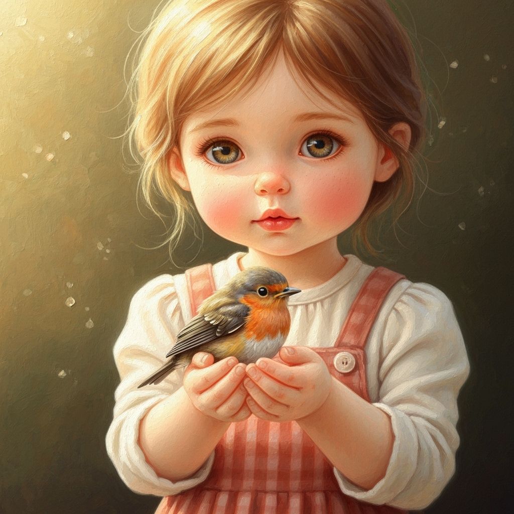 Innocent Girl Gently Holds Baby Robin in Impasto Style