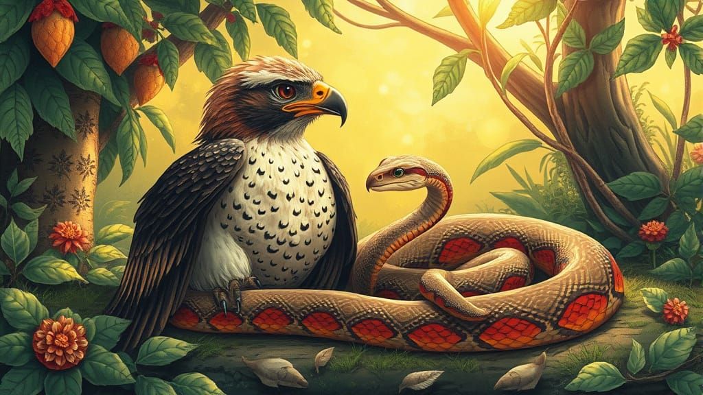 Hawk and Snake Resting in Sunlight, Whimsical Art Style