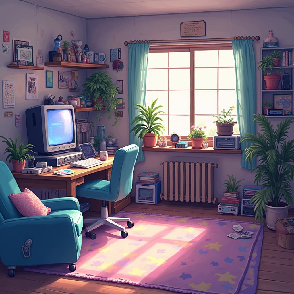 PC98 Pixel Art Living Room with Retro Electronics