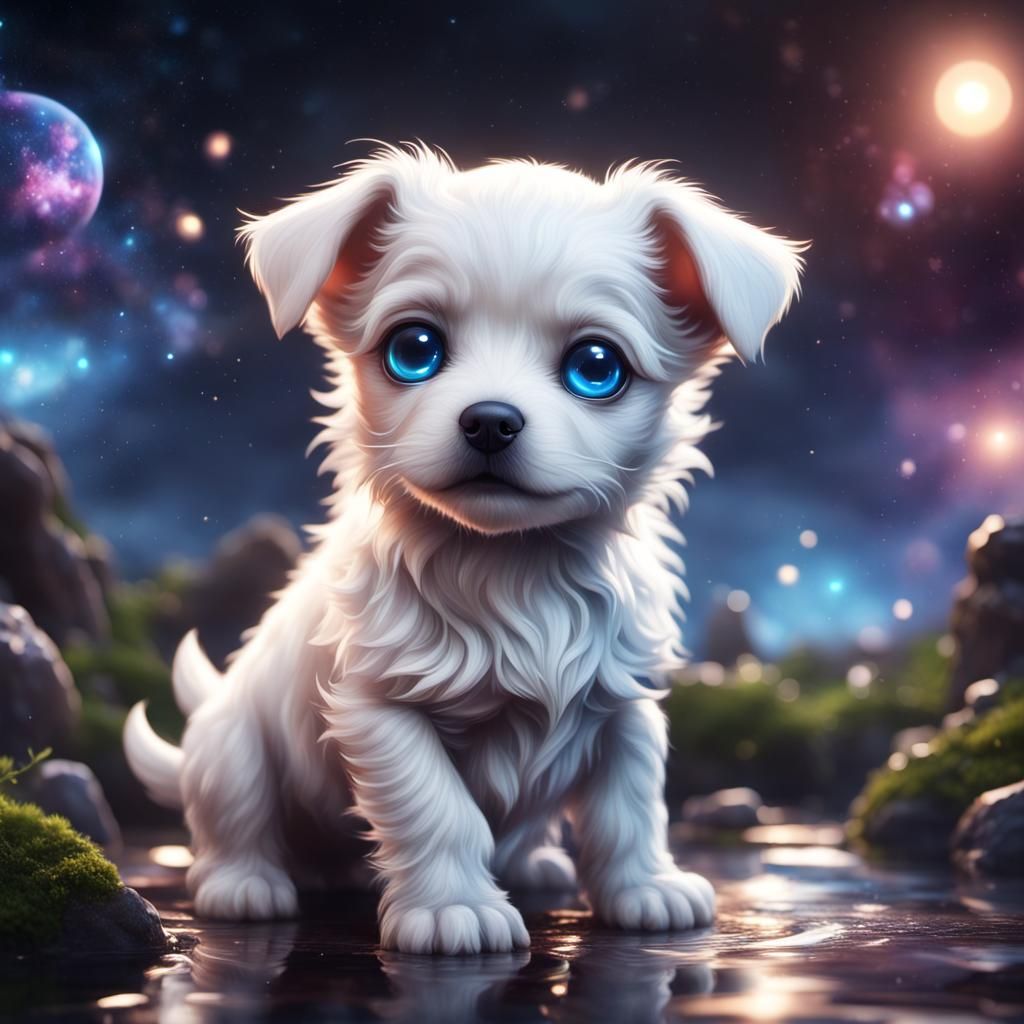 Adorable Puppy with Galaxy Eyes: Fantasy Concept Art