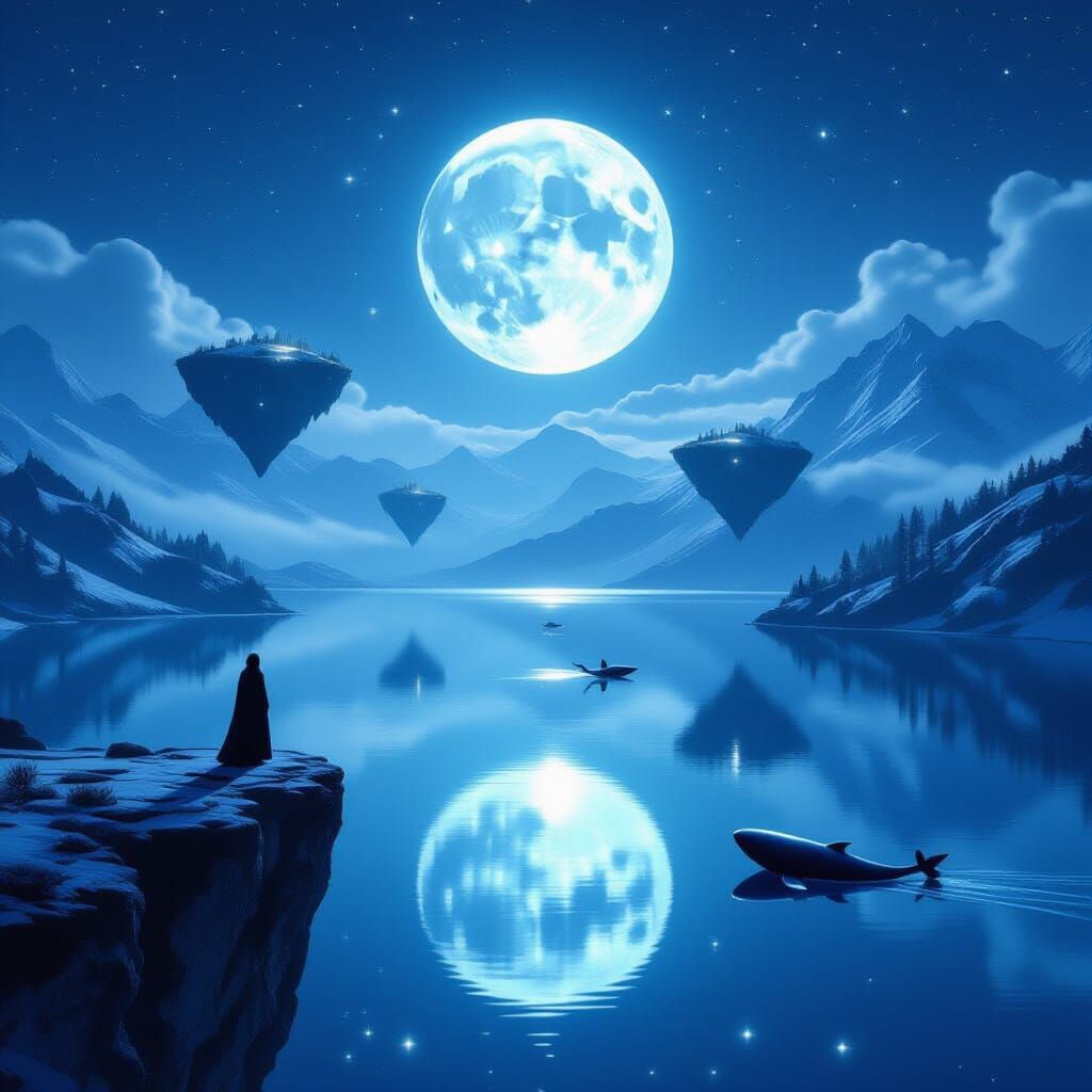 Figure on Cliff Gazing at Moonlit Mirrored Lake with Floatin...