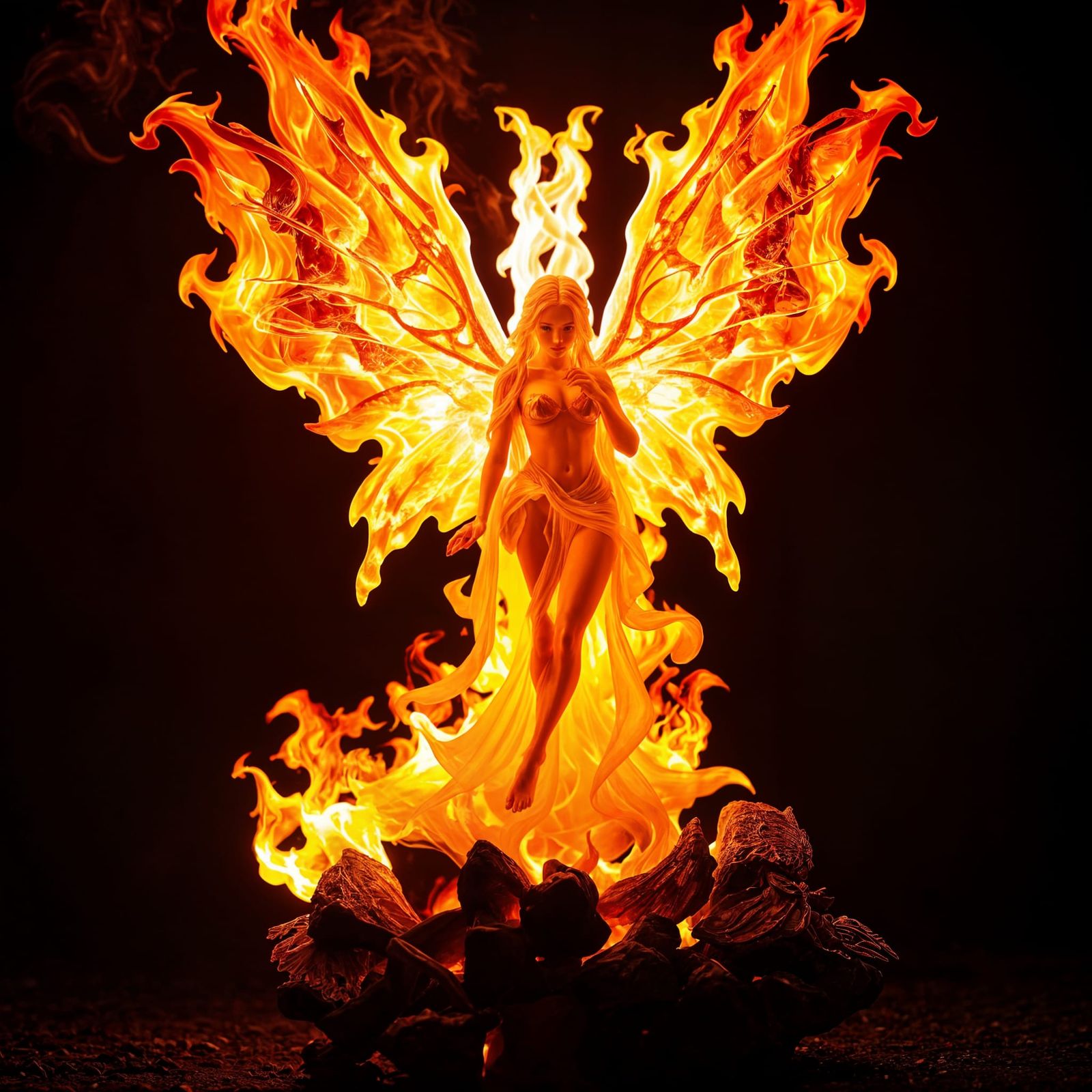Translucent Fire Fairy Statue with Flaming Wings