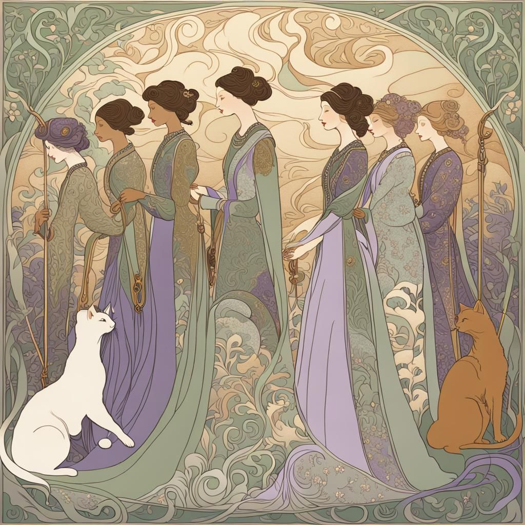 Art Nouveau Woman Walking Cats Illustration