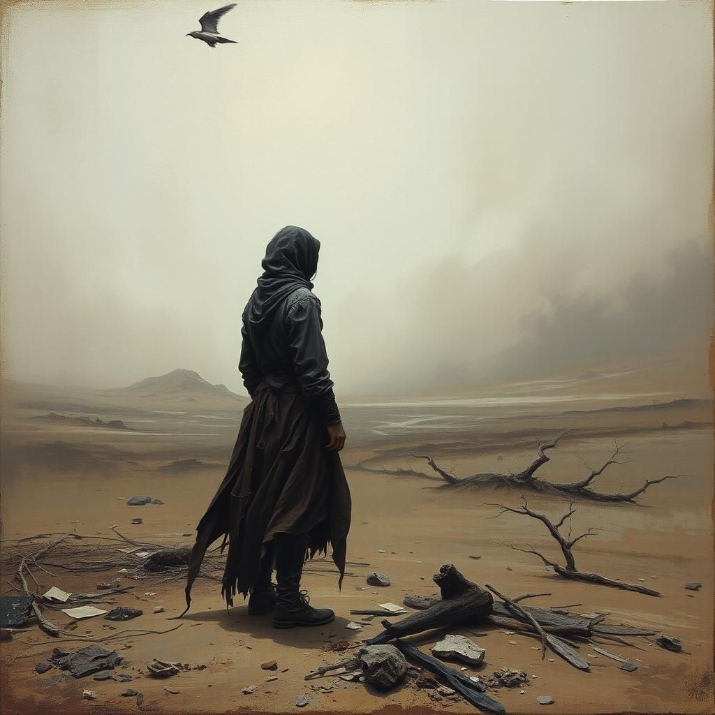 Desolate Figure in Eerie, Mystical Landscape