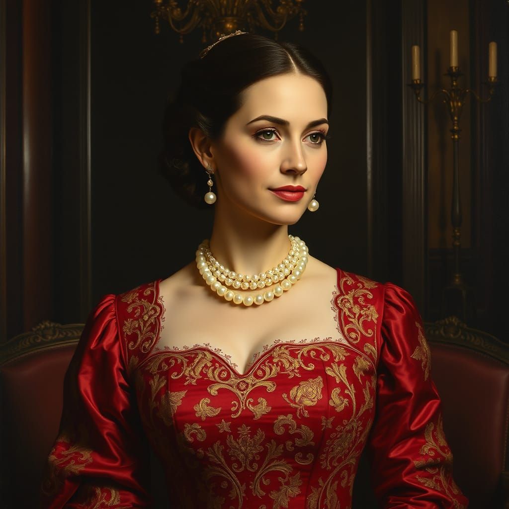 Elegant Lady in Crimson Gown, Oil Painting