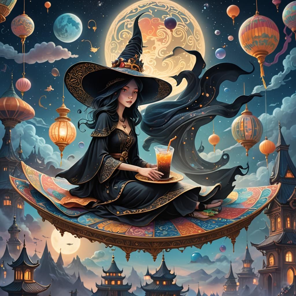 Whimsical Witch on Magic Carpet in Misty Moonlight