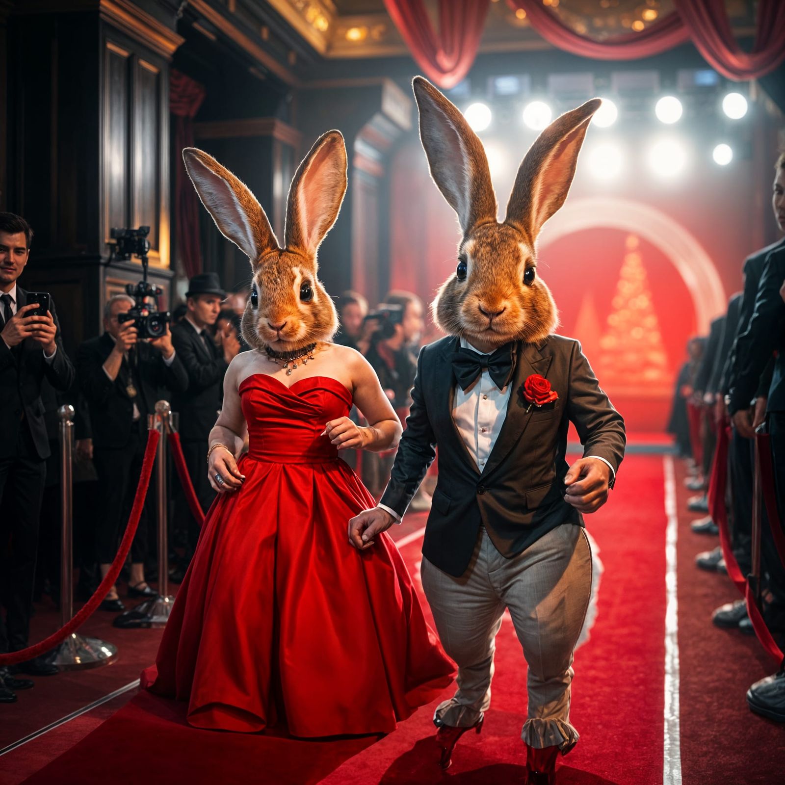 Two bunny, one female bunny wearing red lipstick and red gawn and the male one in tight black dress making catwalk in a ...