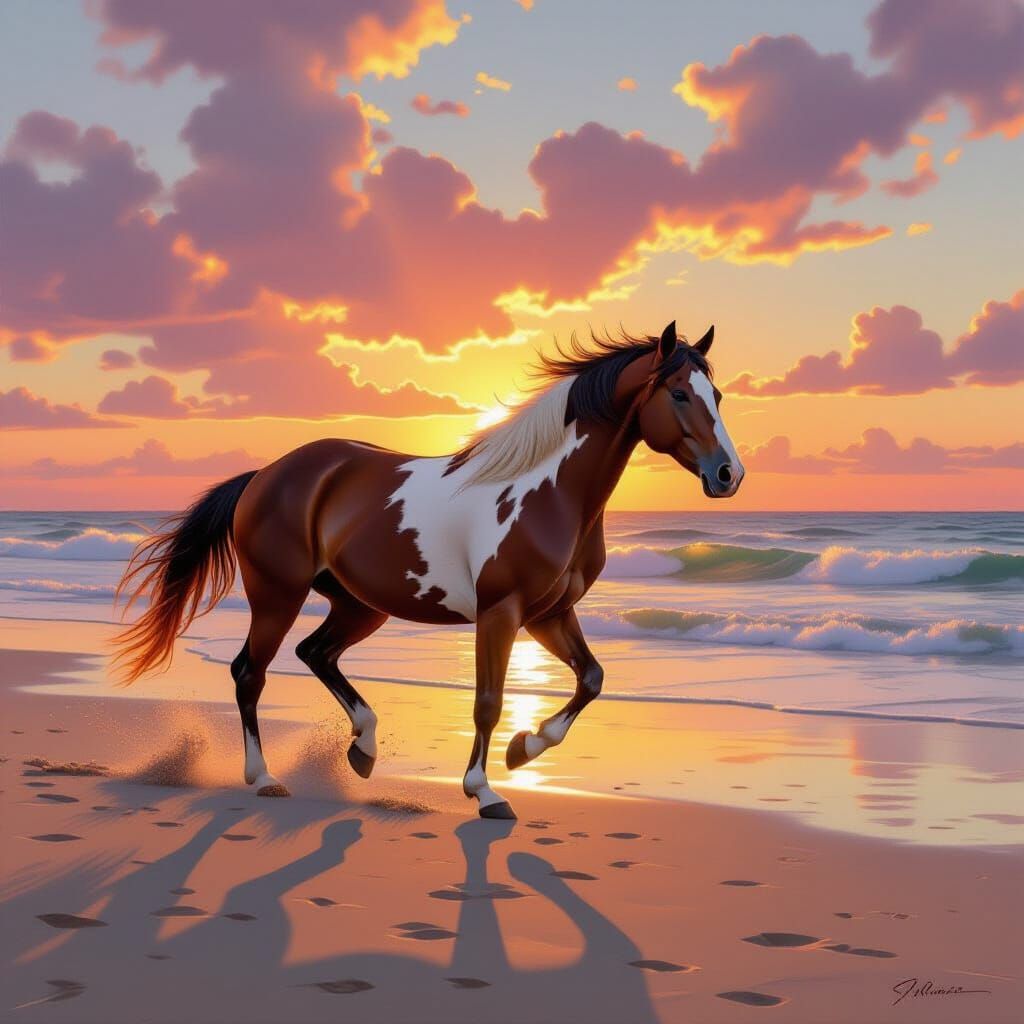Spotted Horse Gallops on Beach at Sunset Oil Painting