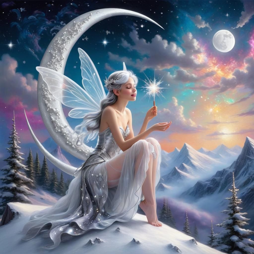 Silver Fairy on Snowy Mountain in Chalk Art Style