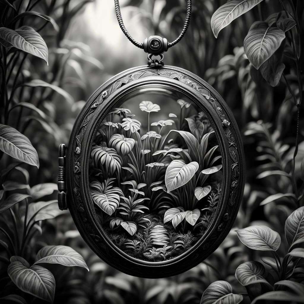 Black and White Drawing of Plants in a Vintage Locket