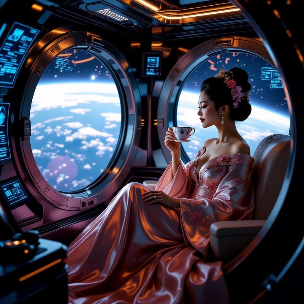 Futuristic Rocket: Chinese Woman Gazing at Earth