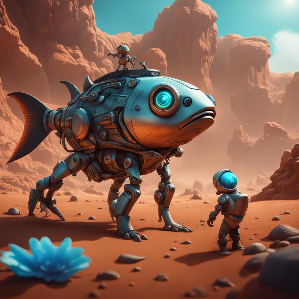 Robot Fish Rescue on Mars: Detailed Matte Painting