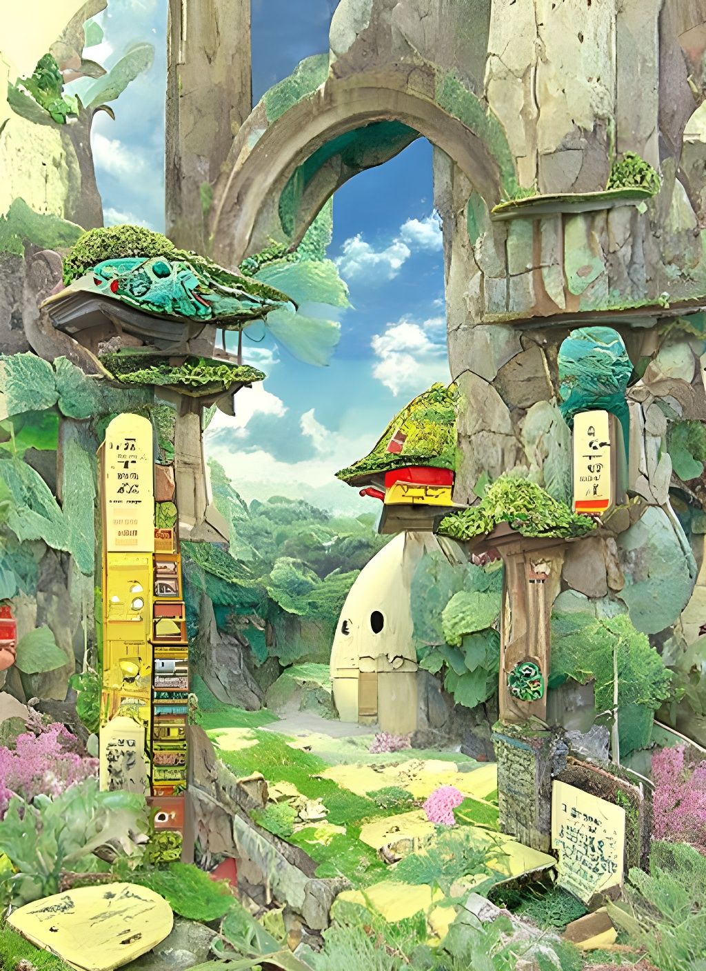 Colorful Monument of Forbidden Knowledge in Ghibli Style