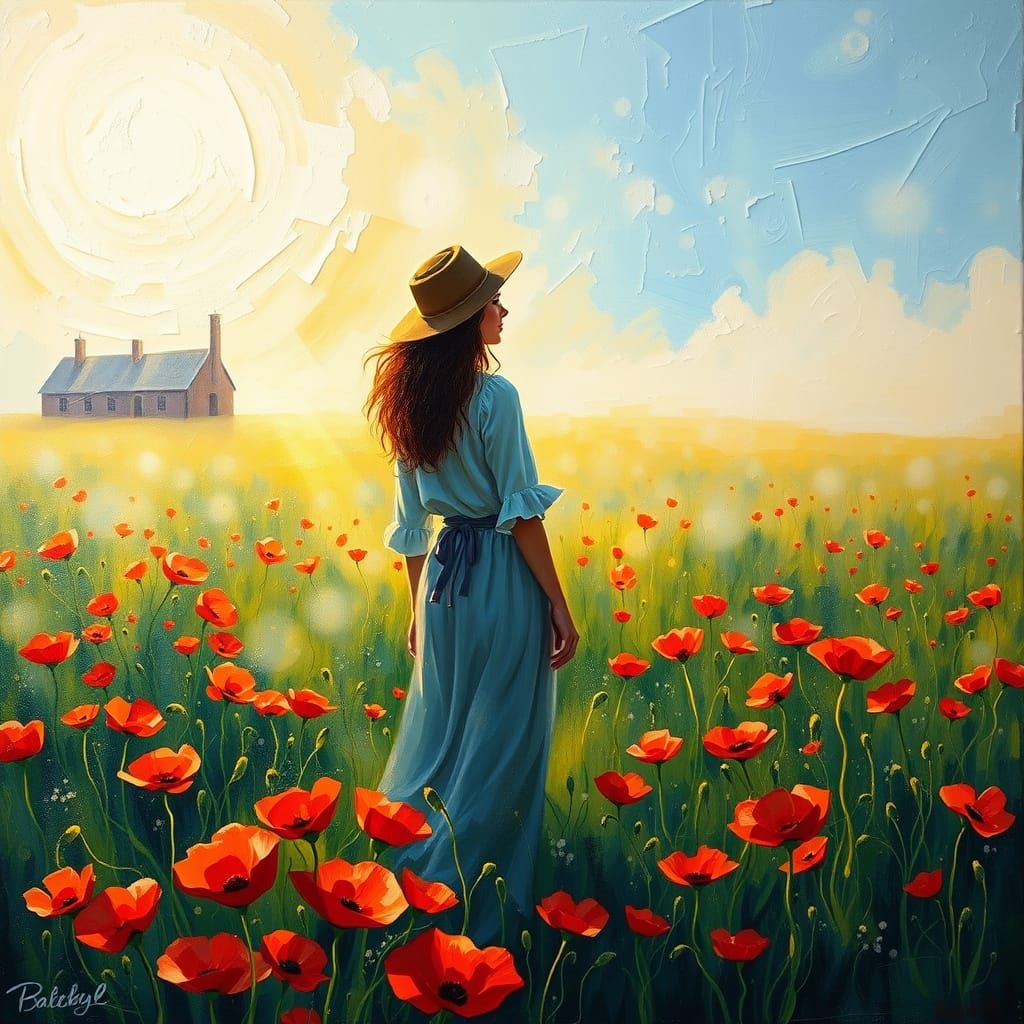 Poppy Field Sunrise in Neo-Impressionist Style