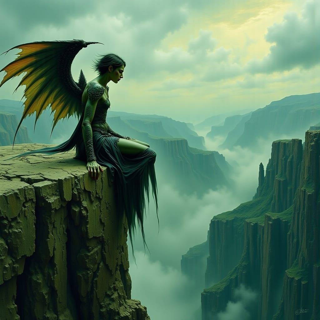 Demon Angel Hybrid Contemplates Desolate Landscape