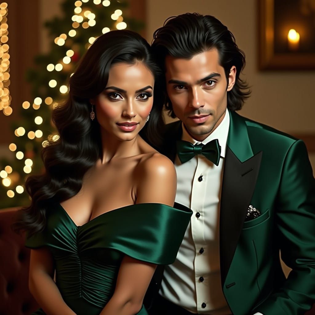 Glamorous Couple at a Luxurious Christmas Party in Hollywood...