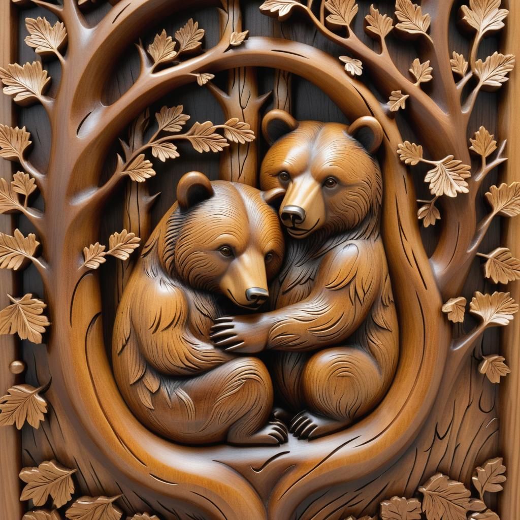 Whittled Wooden Bears Embrace Under Moonlight
