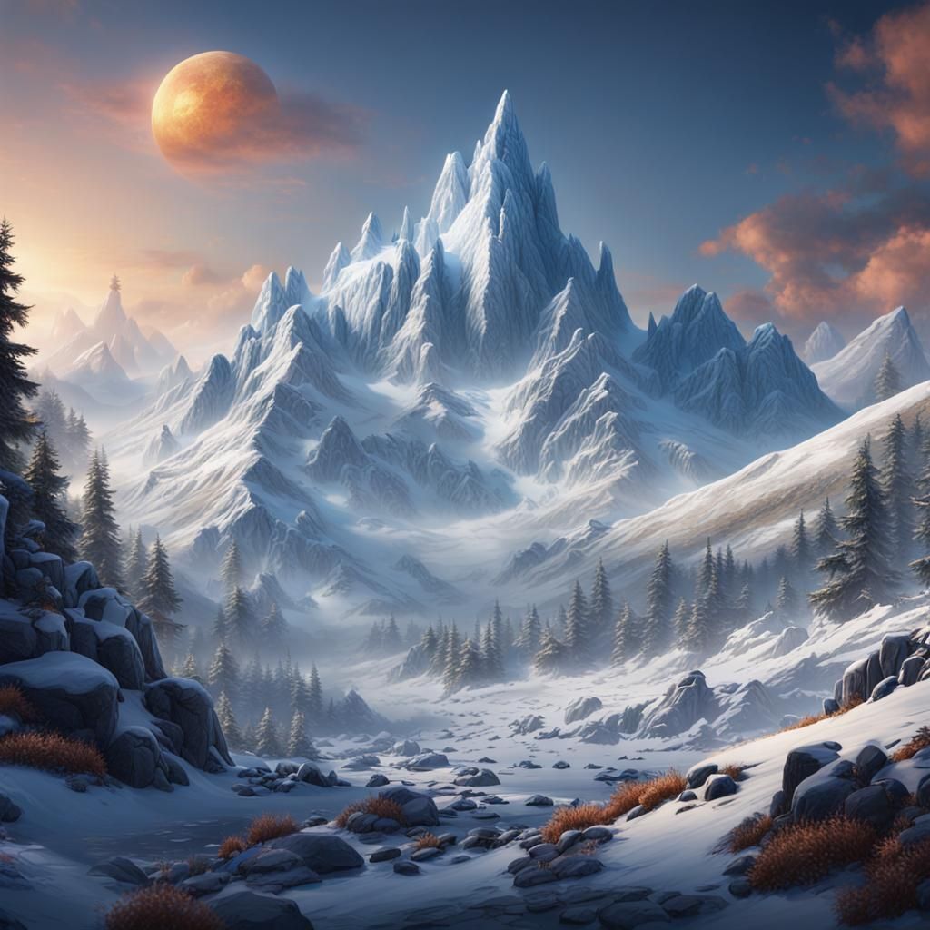 Beautiful Snowy Mountains in Detailed Matte Painting