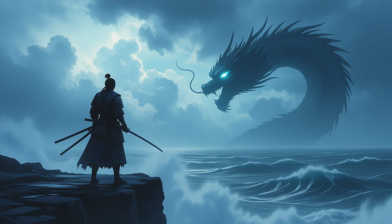 Samurai Warrior Confronts Spectral Dragon on Stormy Cliff