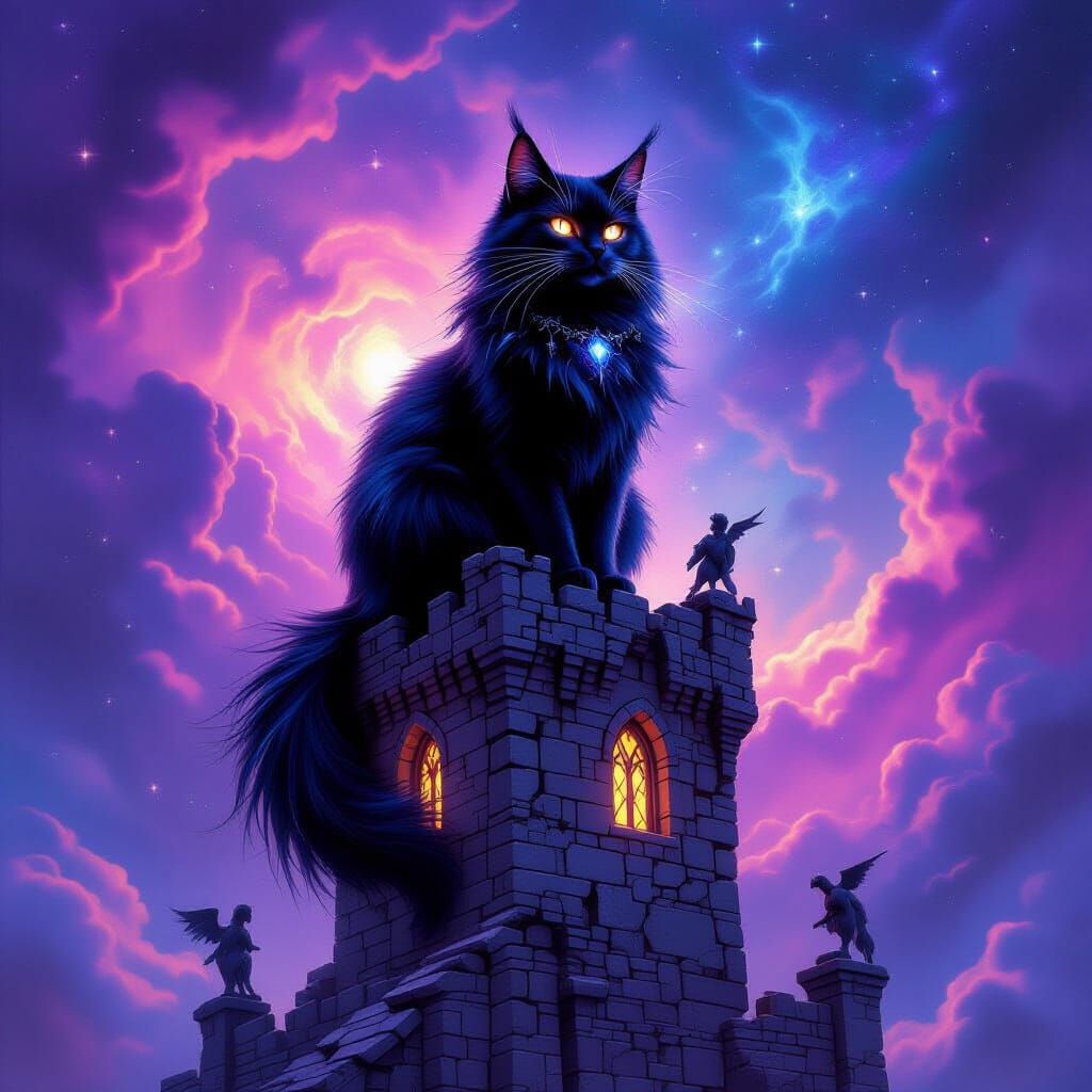 Giant Cosmic Cat on Wizard Tower Above Nebula